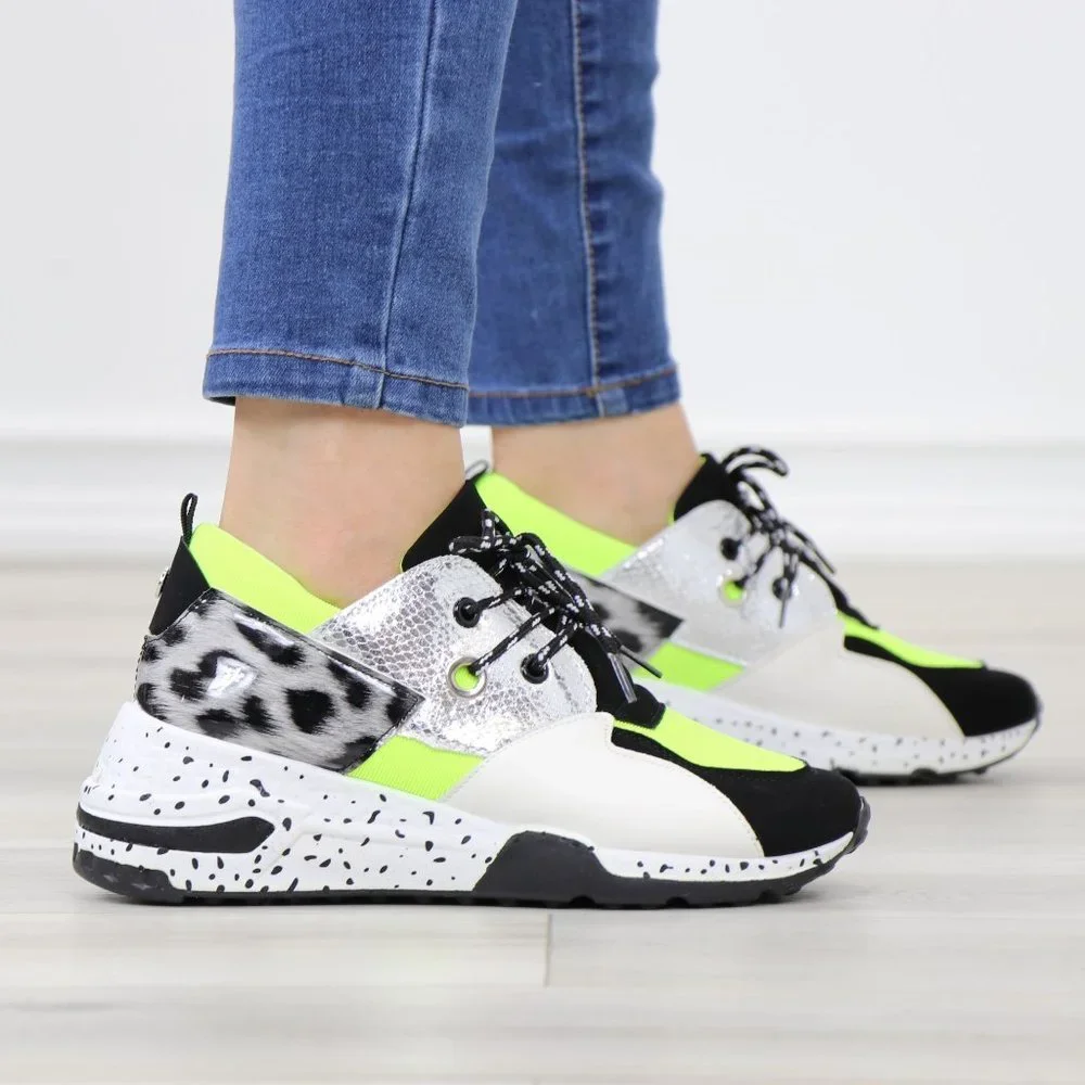 White Neon Animal Print Fashion Comfort Wedge Heel Sneakers Shoes - Picture 4 of 11